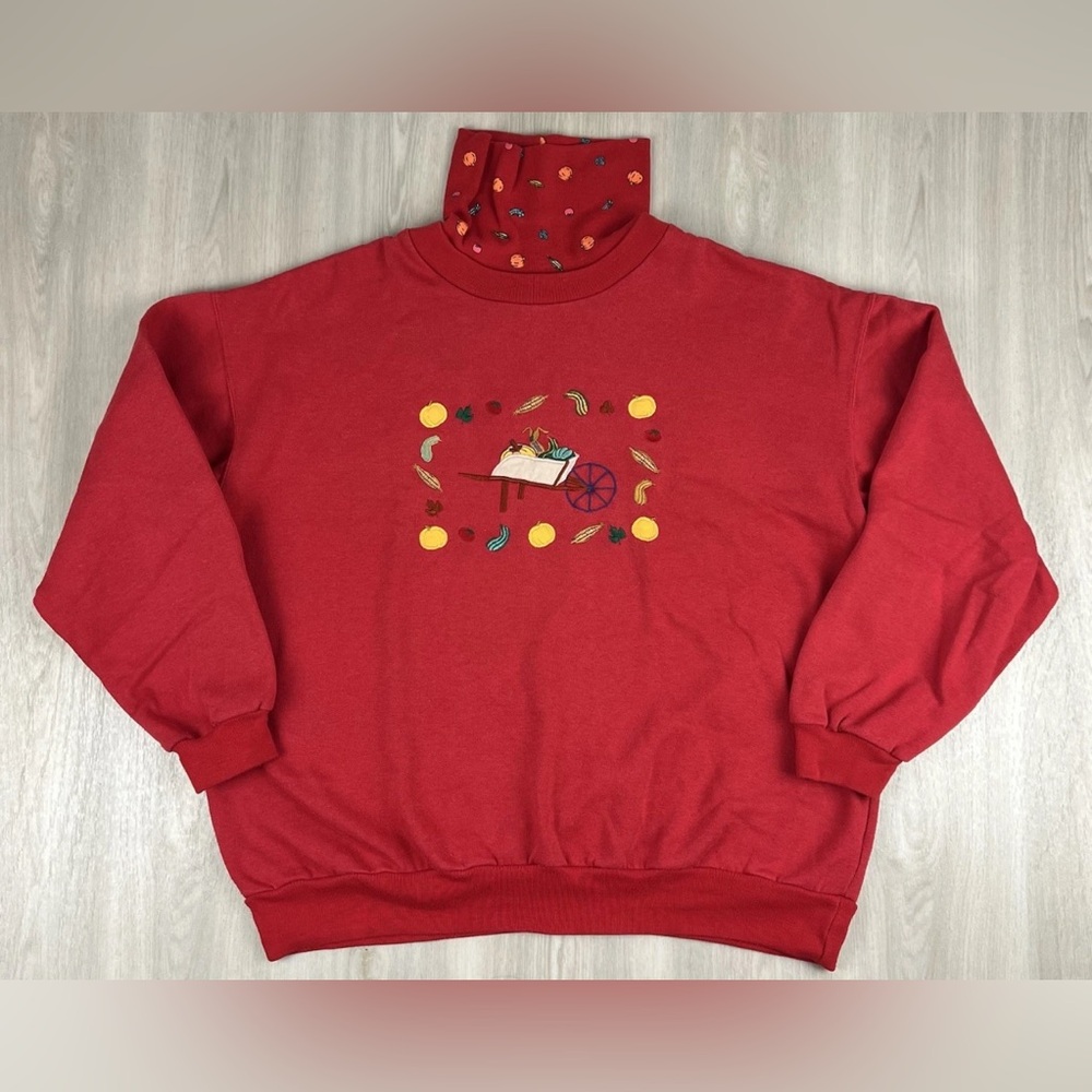 VTG 90s Embroidered Autumn Veggies Garden Crewneck Sweatshirt Funnel Neck Large